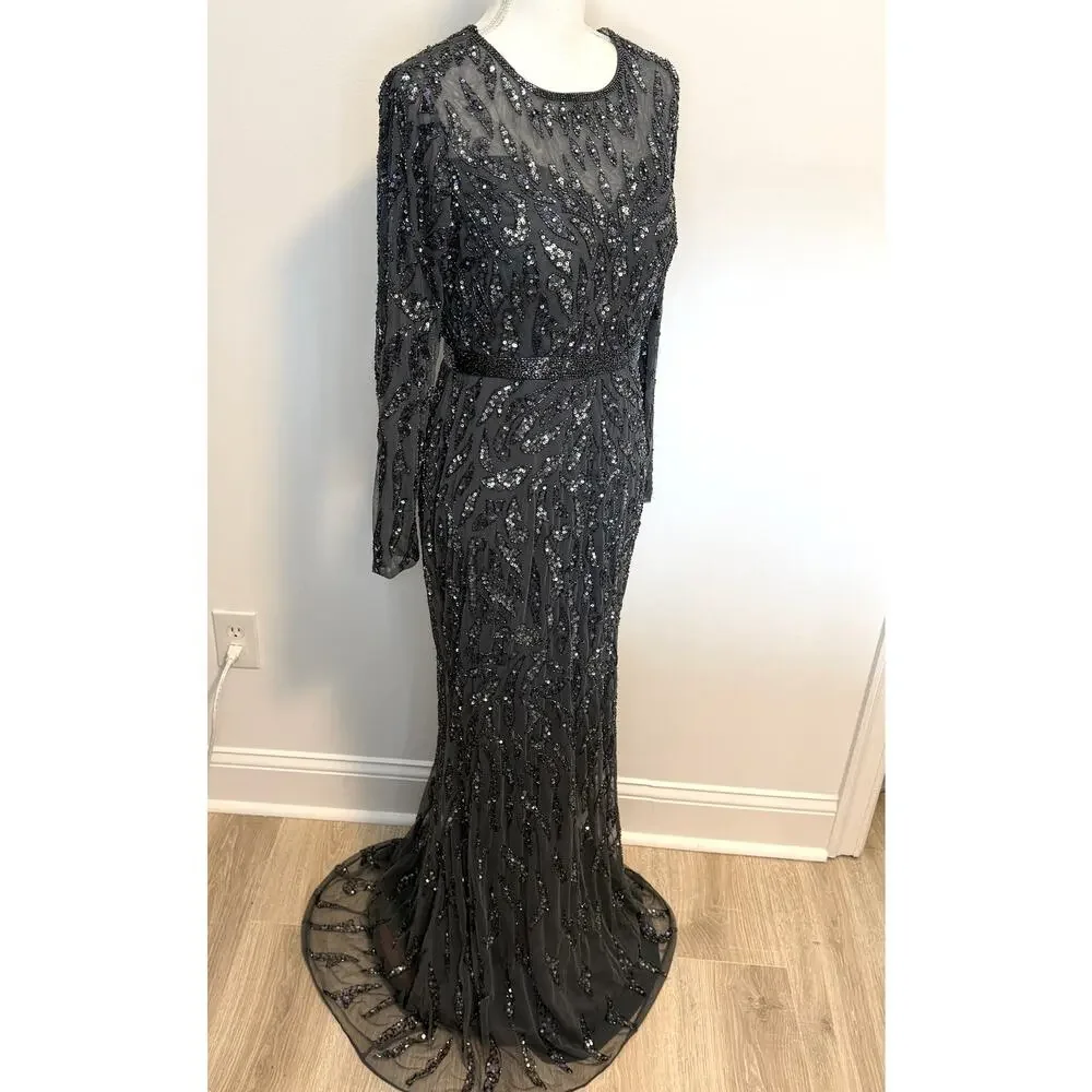 Mac Duggal 5124 Beaded Long Sleeve Evening Gown In Charcoal Size 8 New - Picture 6 of 16